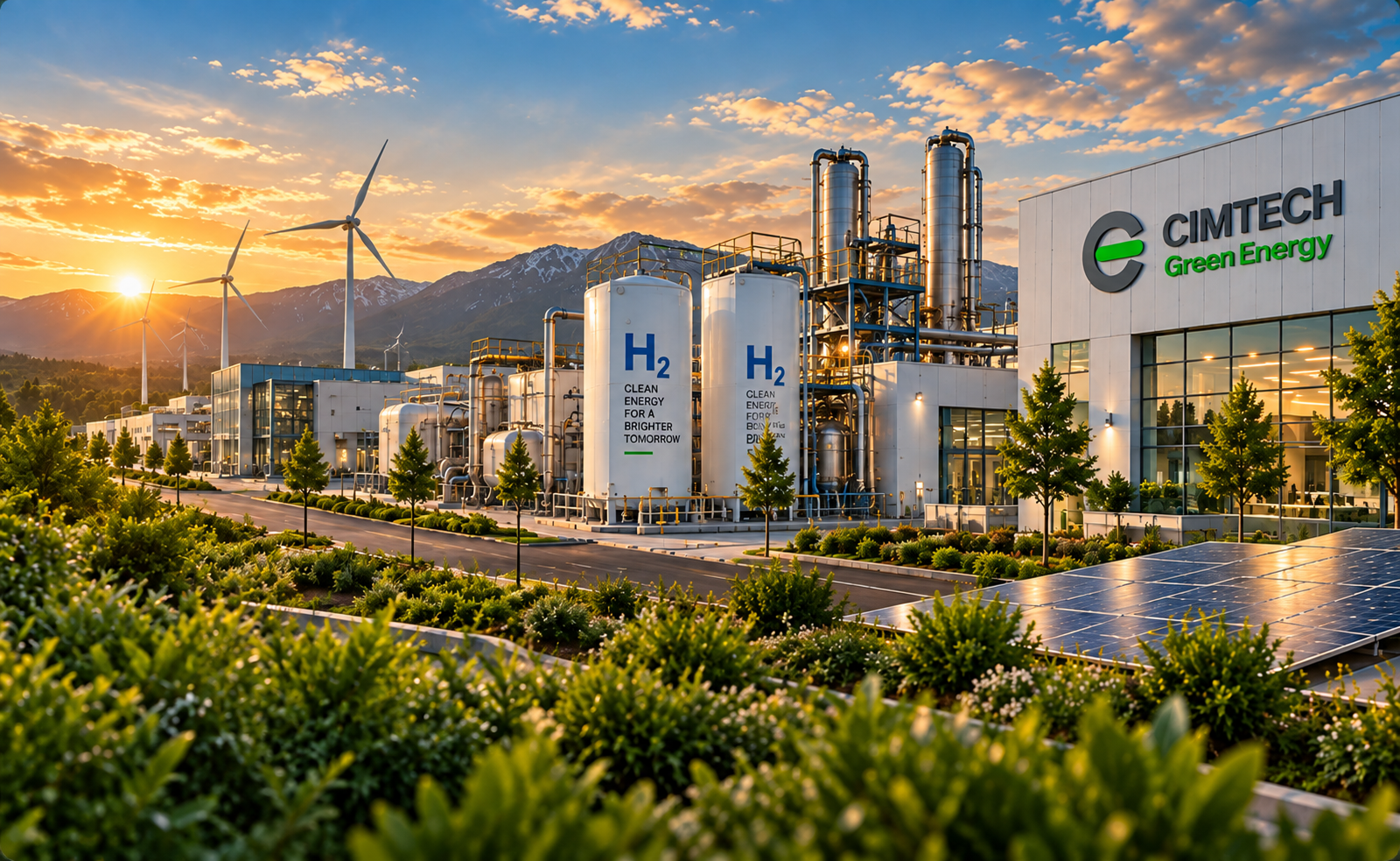 Hydrogen energy campus at golden hour with wind turbines and H2 facility