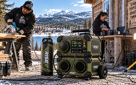 Rise portable power stack powering outdoor tools at a snowy mountain worksite