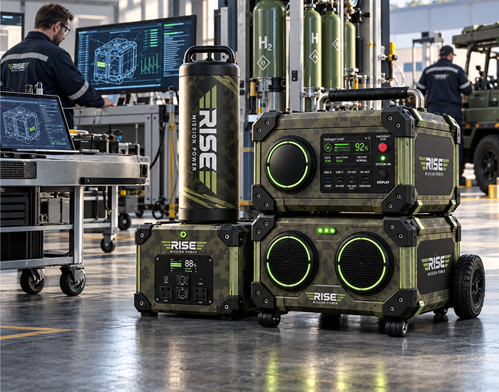 Soldiers operating field electronics powered by Rise portable hydrogen units at dusk