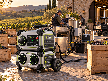 Rise Mission Power units on a vineyard work pad at sunset with workers processing grapes nearby