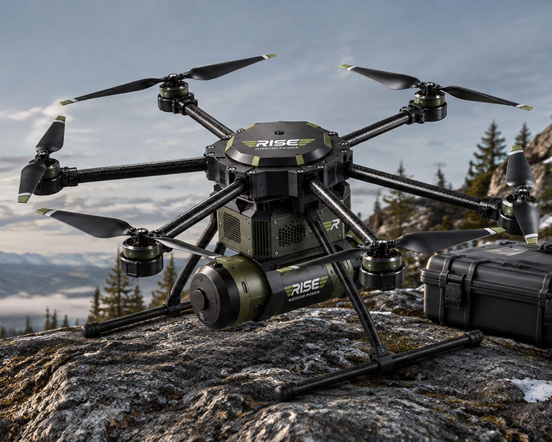 Soldier with a drone in mountain terrain