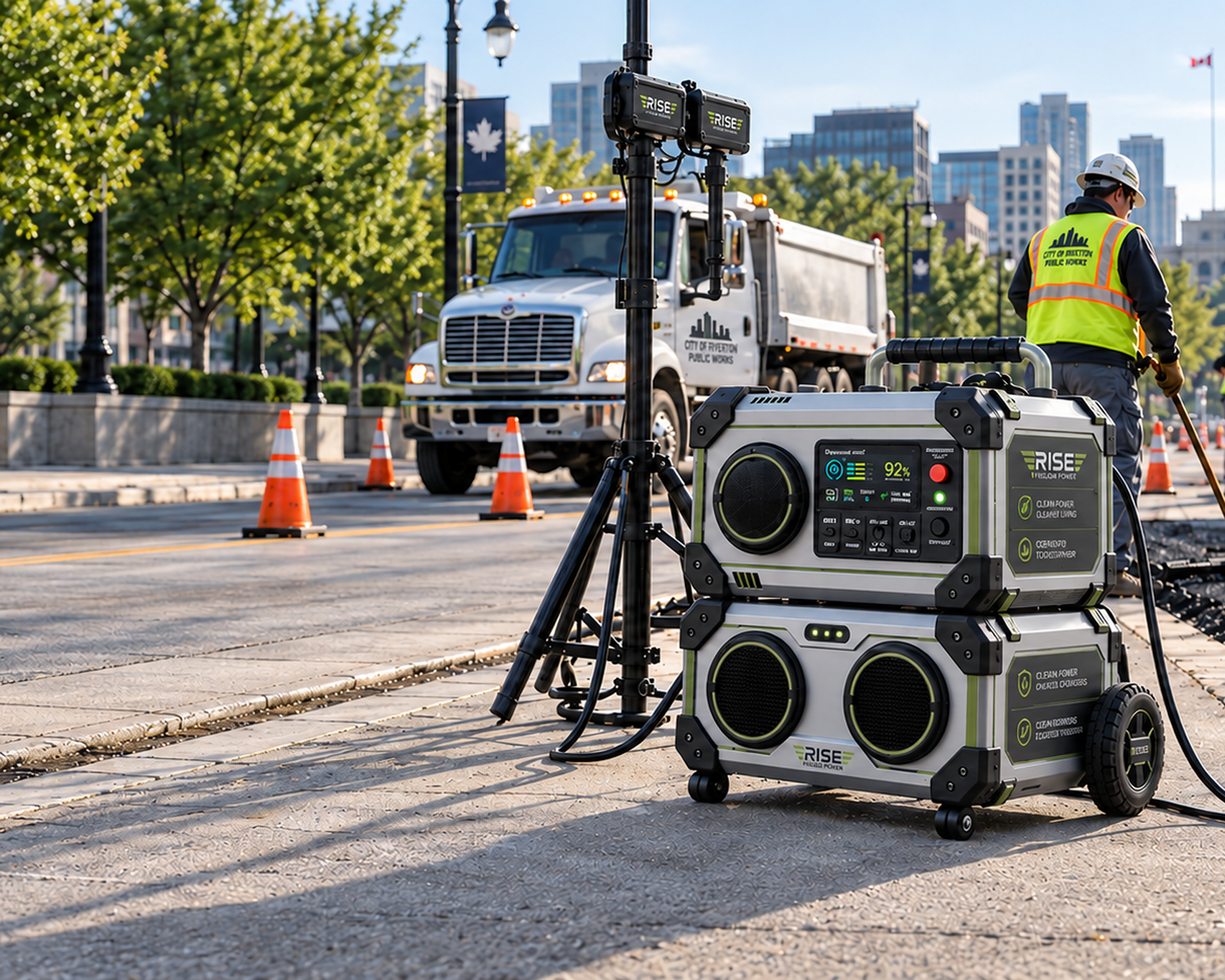Rise portable power units powering a tactical command tent at dusk