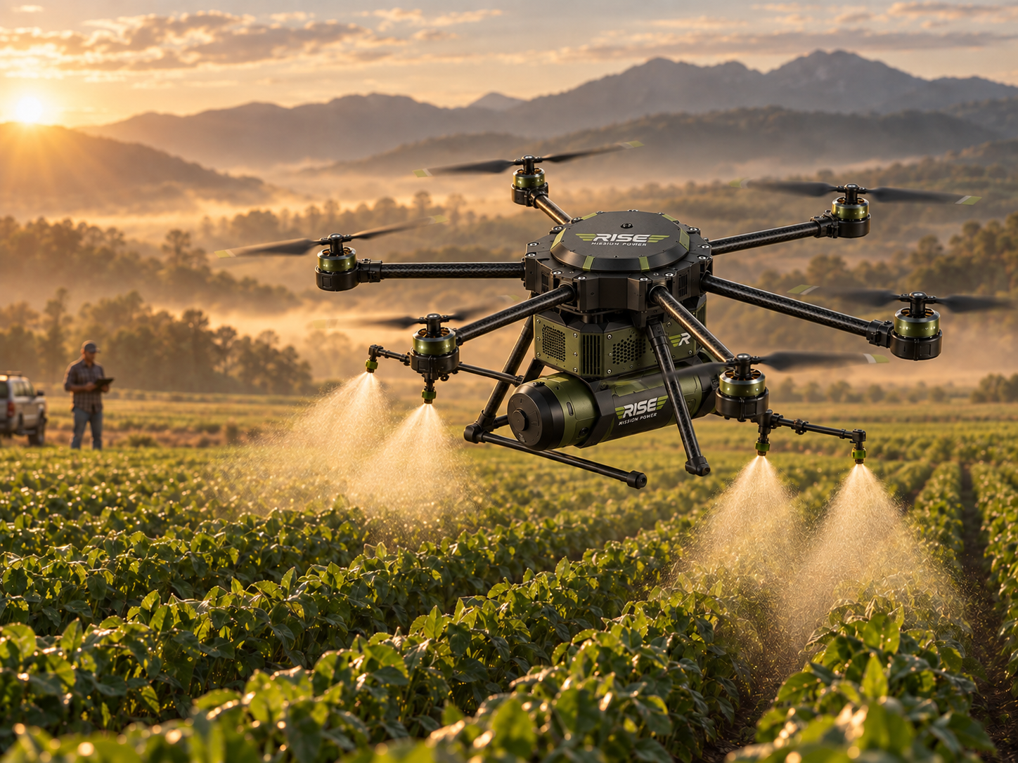 Rise Mission Power agricultural drone spraying crops at sunrise with mountains in the background