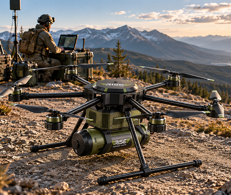 Hydrogen-powered drones and UAV hydrogen fuel cell range extender on a rocky mountain ridge at golden hour